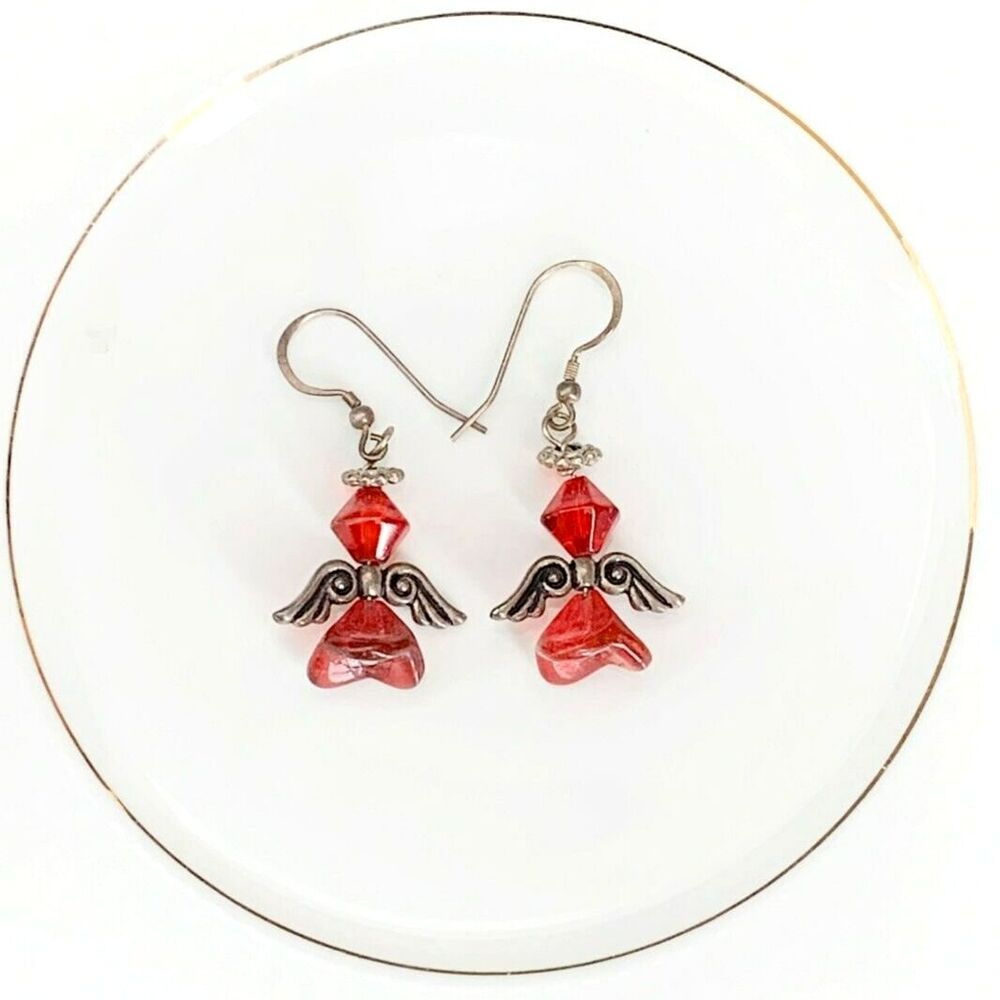 Red 3D ANGEL Beaded Dangle Earrings Handmade Artisan Antique Silver Wings Halo - Picture 3 of 6